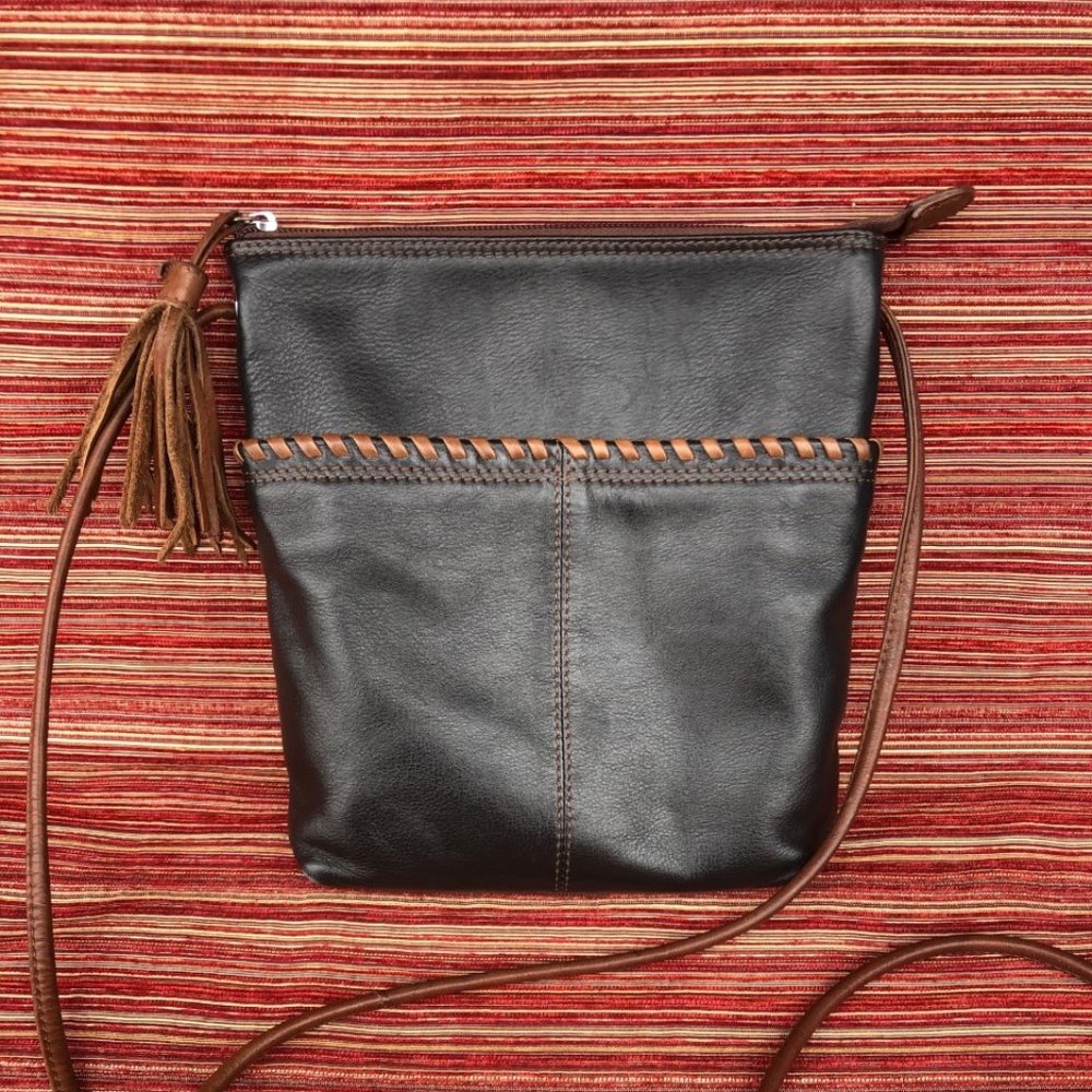 Ili Black Leather Crossbody Bag with Rust Brown Tassel and Trim